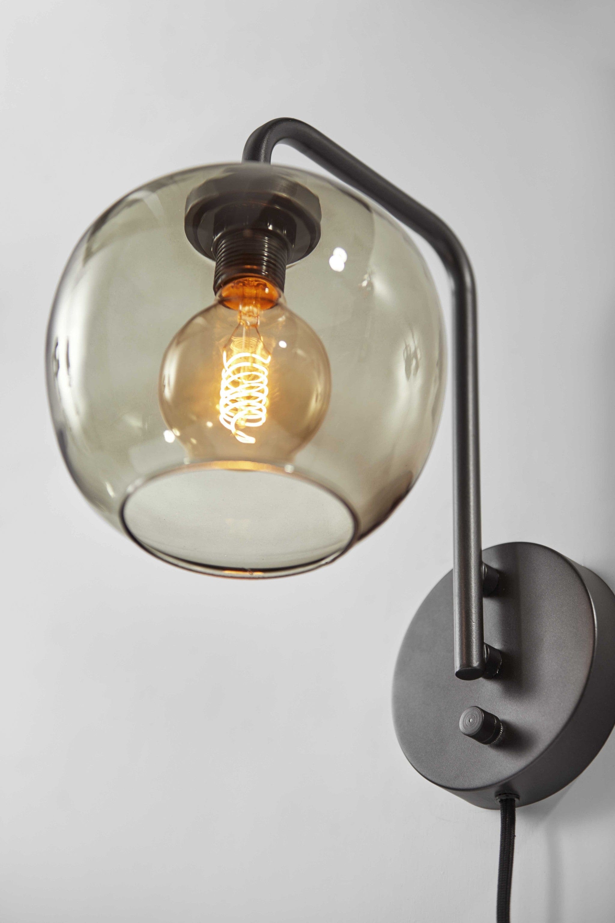 Smoked Glass Globe Shade With Vintage Edison Bulb And Matte Black Metal Wall Lamp - Homeroots