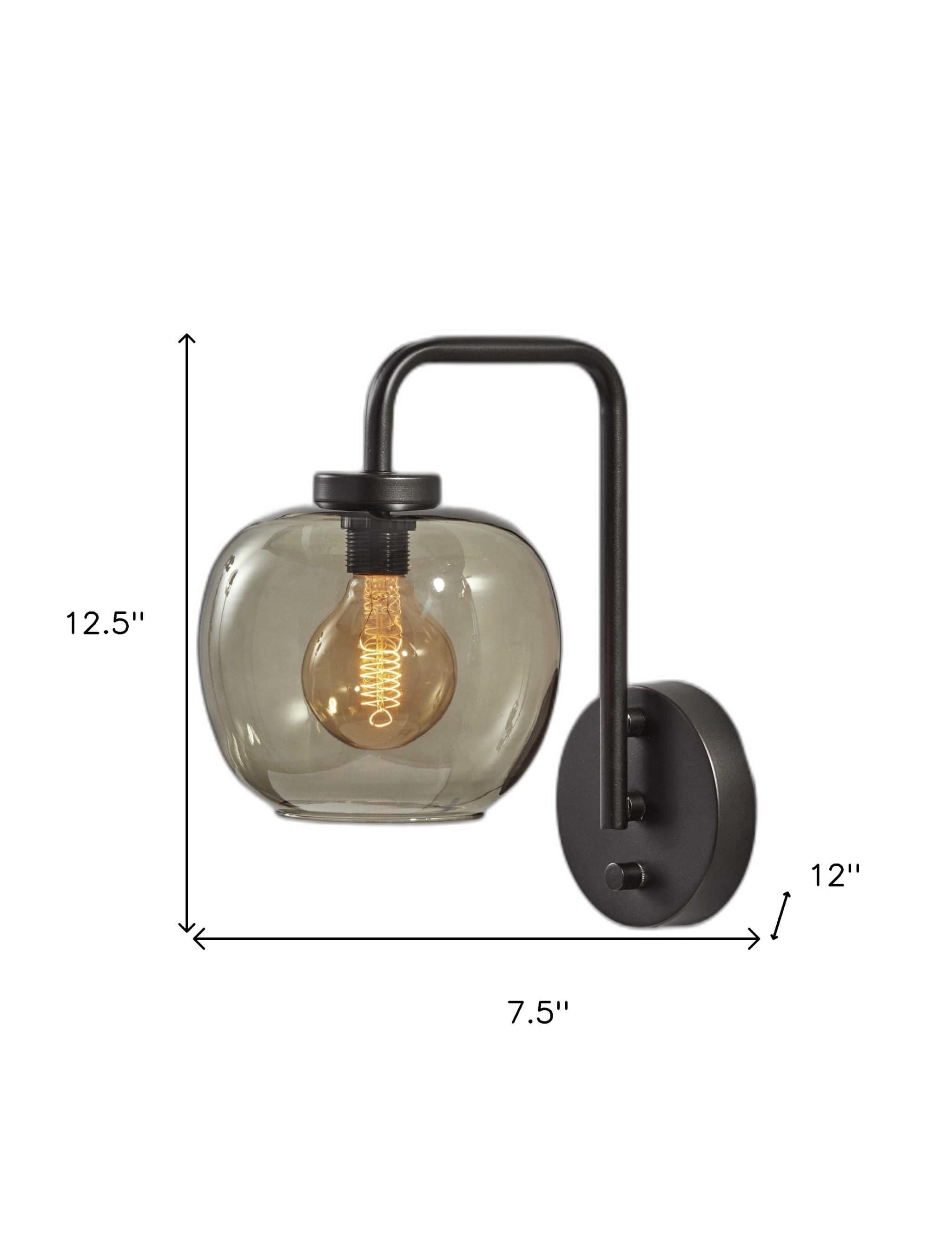 Smoked Glass Globe Shade With Vintage Edison Bulb And Matte Black Metal Wall Lamp - Homeroots
