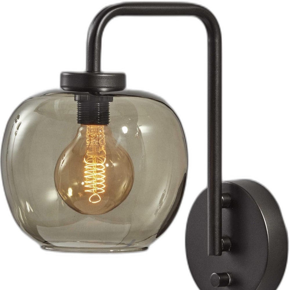 Smoked Glass Globe Shade With Vintage Edison Bulb And Matte Black Metal Wall Lamp - Homeroots