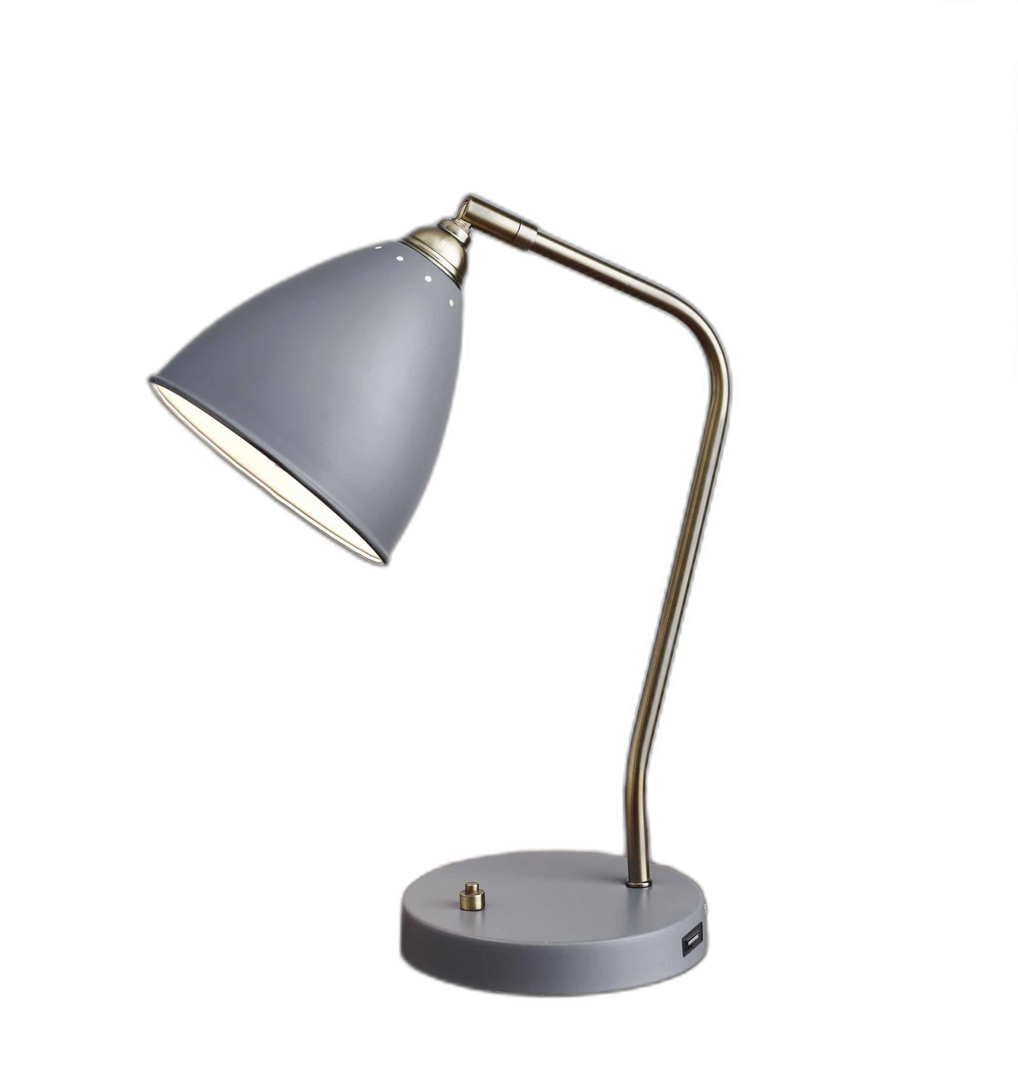 Grey Metal And Antique Brass Adjustable Usb Port Desk Lamp - Homeroots