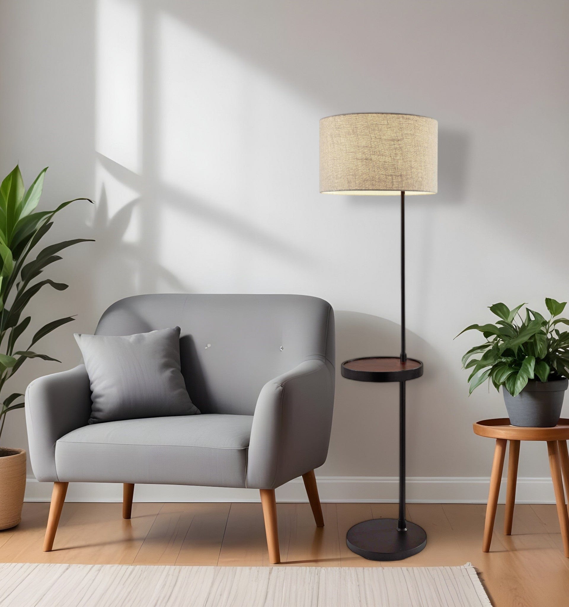 64" Black Tray Table Floor Lamp With Beige Drum Shade - Homeroots - Flyclothing LLC