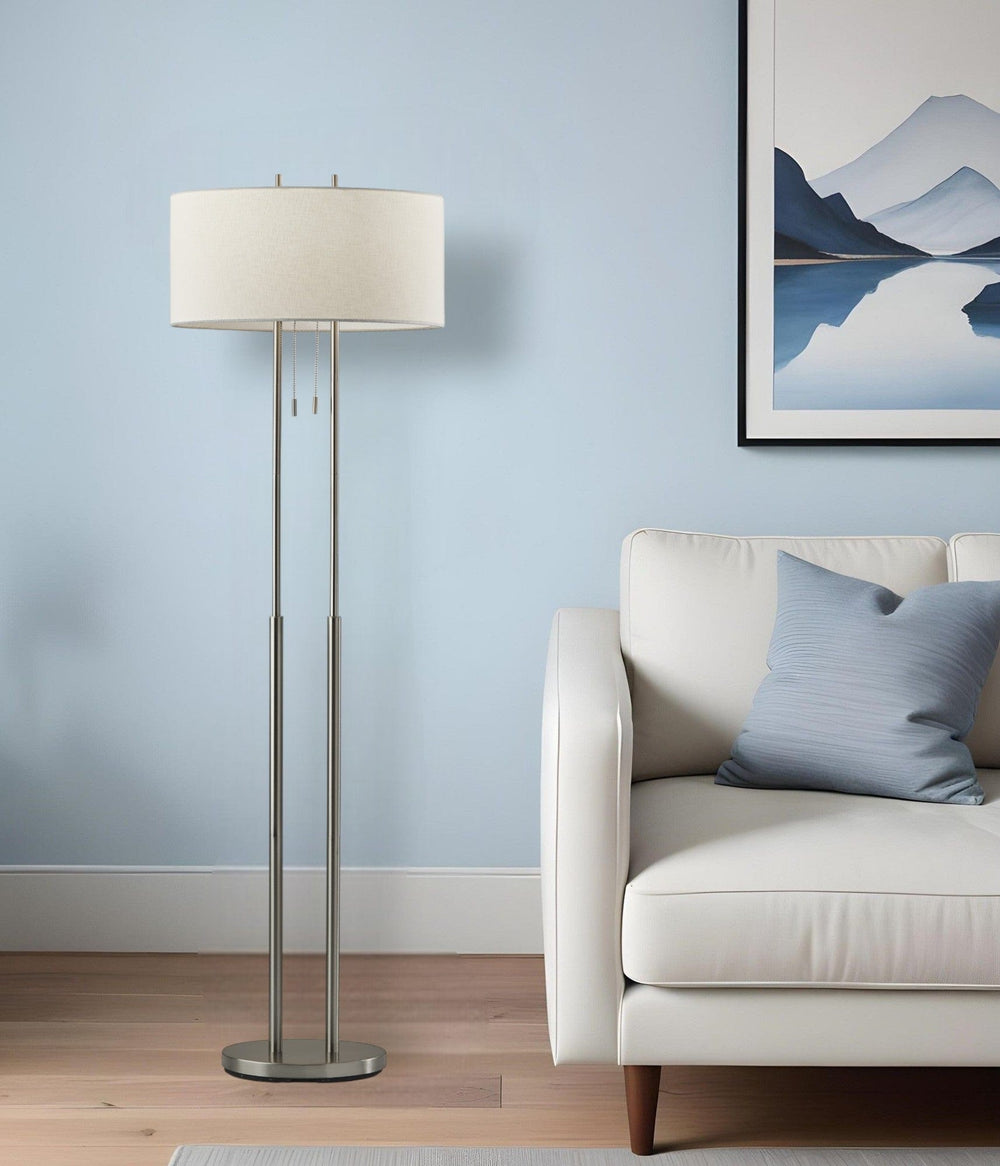62" Brushed Task Floor Lamp With White Fabric Drum Shade - Homeroots - Flyclothing LLC