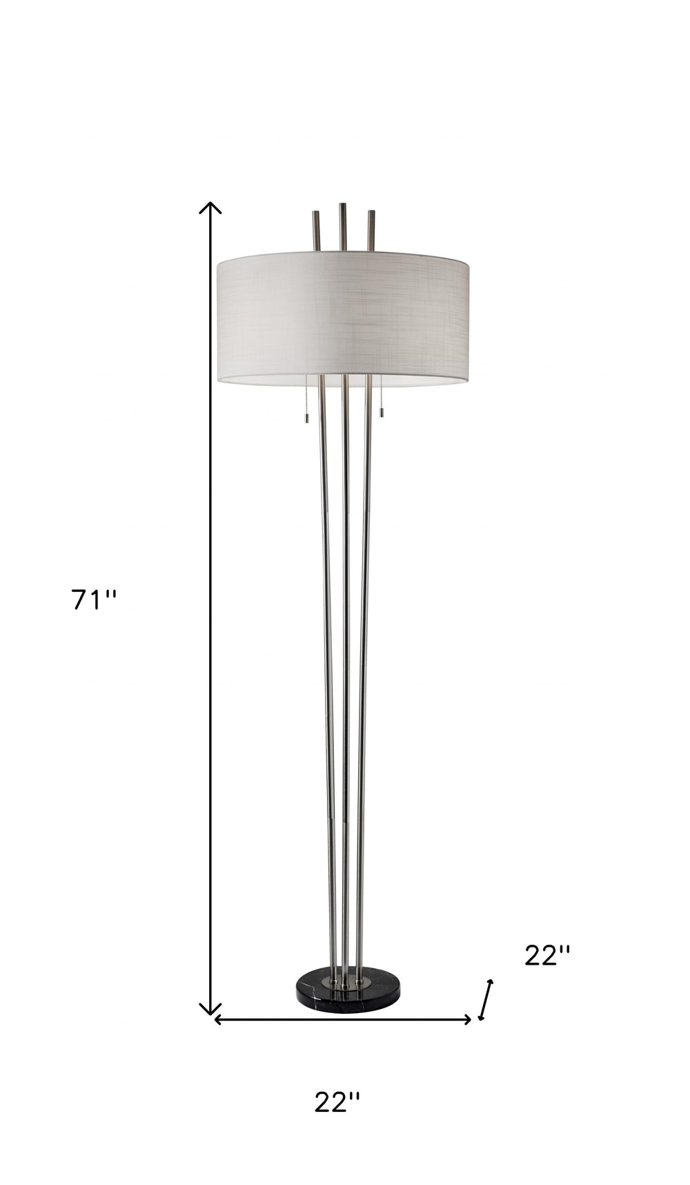 71" Two Light Three Pole Floor Lamp With White Fabric Drum Shade - Homeroots