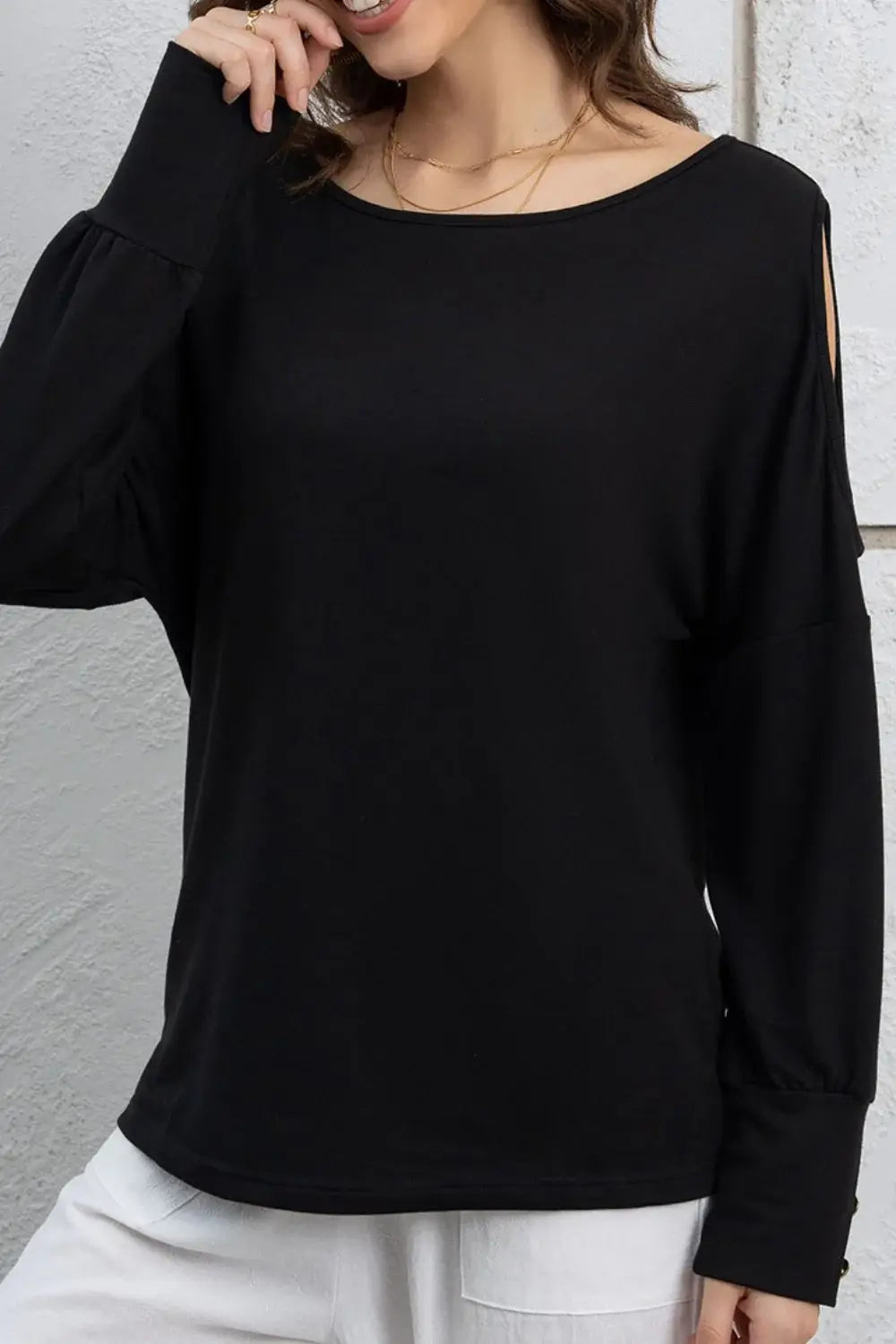 Cutout Round Neck Long Sleeve Top - Trendsi - Flyclothing LLC