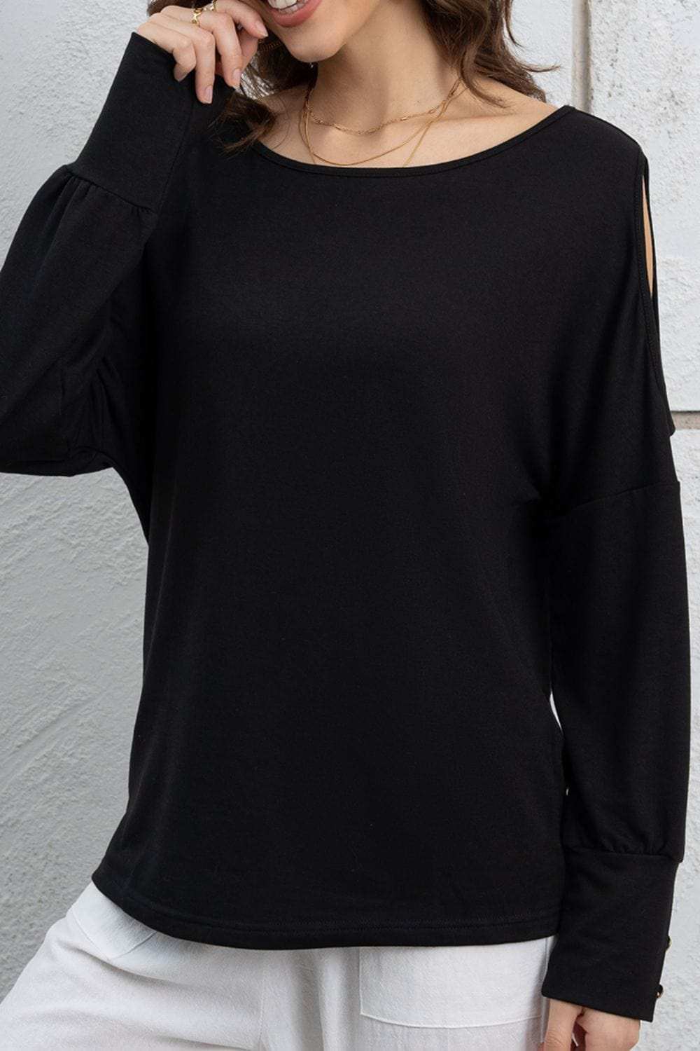 Cutout Round Neck Long Sleeve Top - Trendsi - Flyclothing LLC