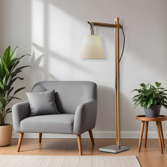 Natural Wood Floor Lamp With Adjustable Hinged Arm - Homeroots