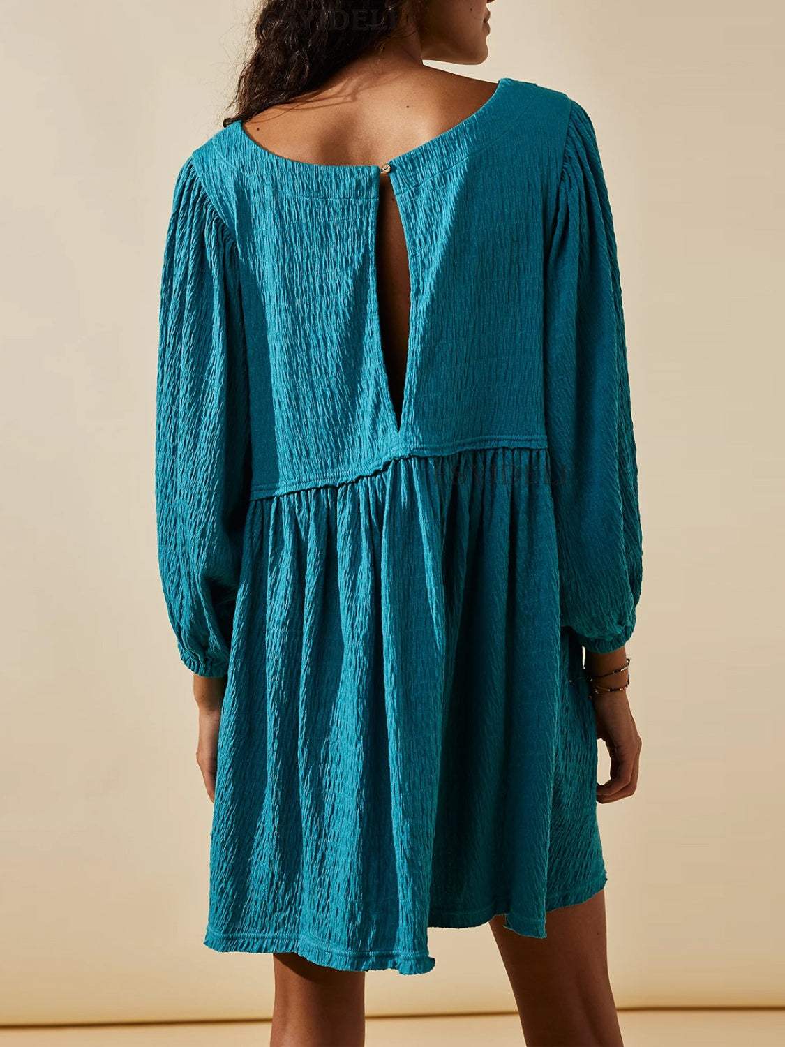 Cutout Textured Long Sleeve Mini Dress - Trendsi - Flyclothing LLC