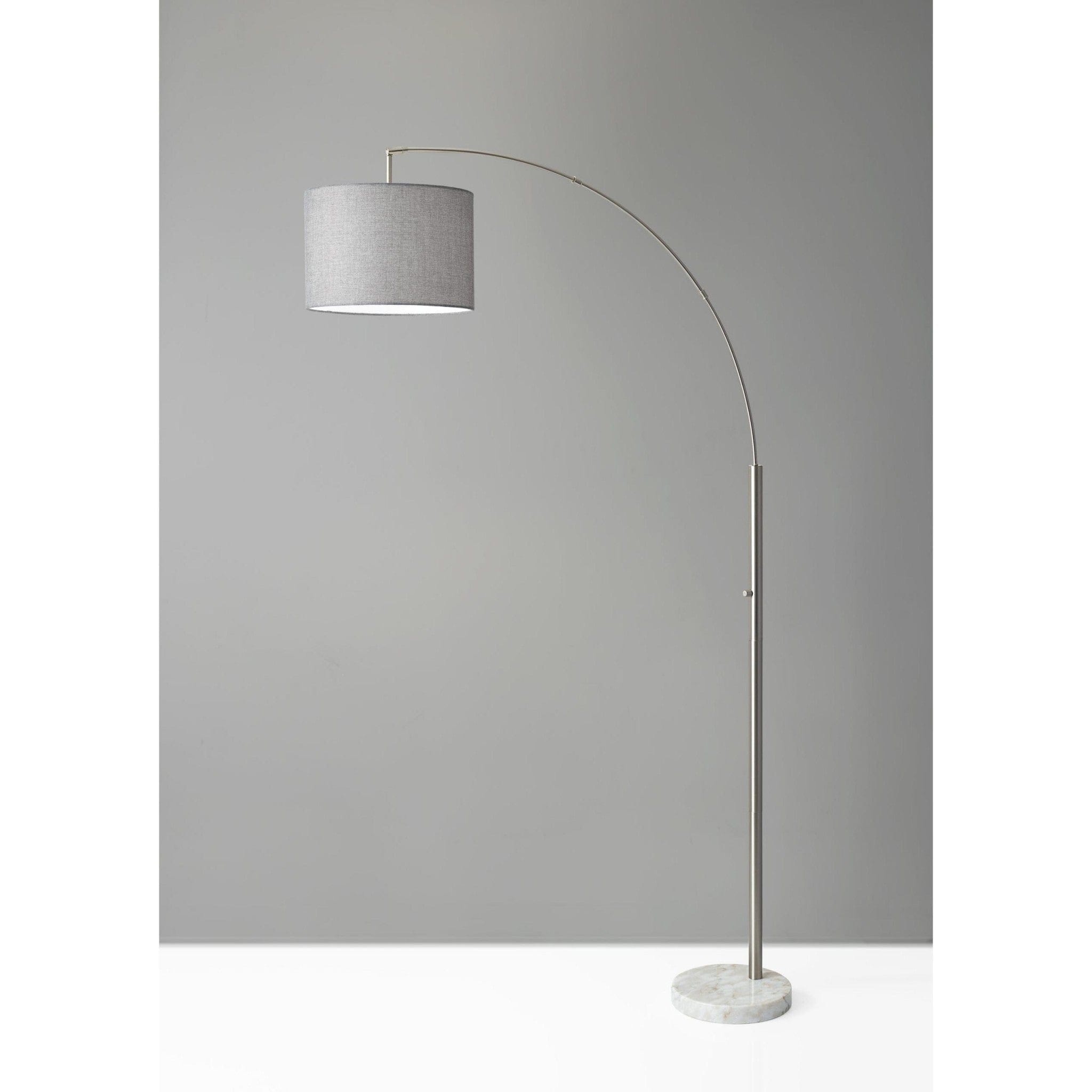 Reading Nook Floor Lamp Brushed Steel Arc Arm Adjustable Grey Fabric Shade - Homeroots
