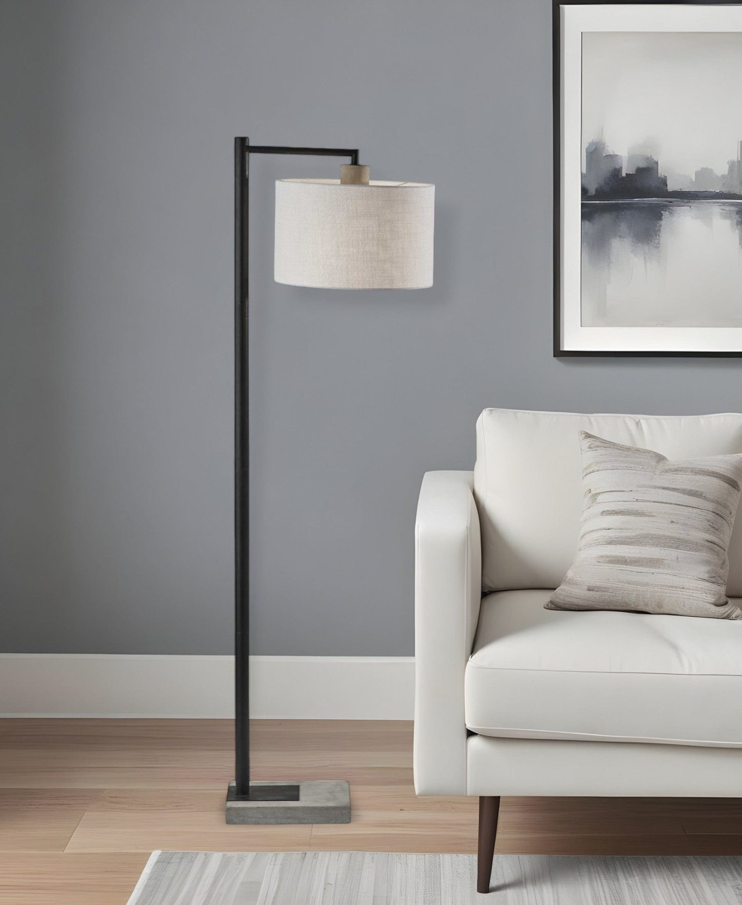 61" Grey And Black Arc Floor Lamp With White Fabric Drum Shade - Homeroots - Flyclothing LLC