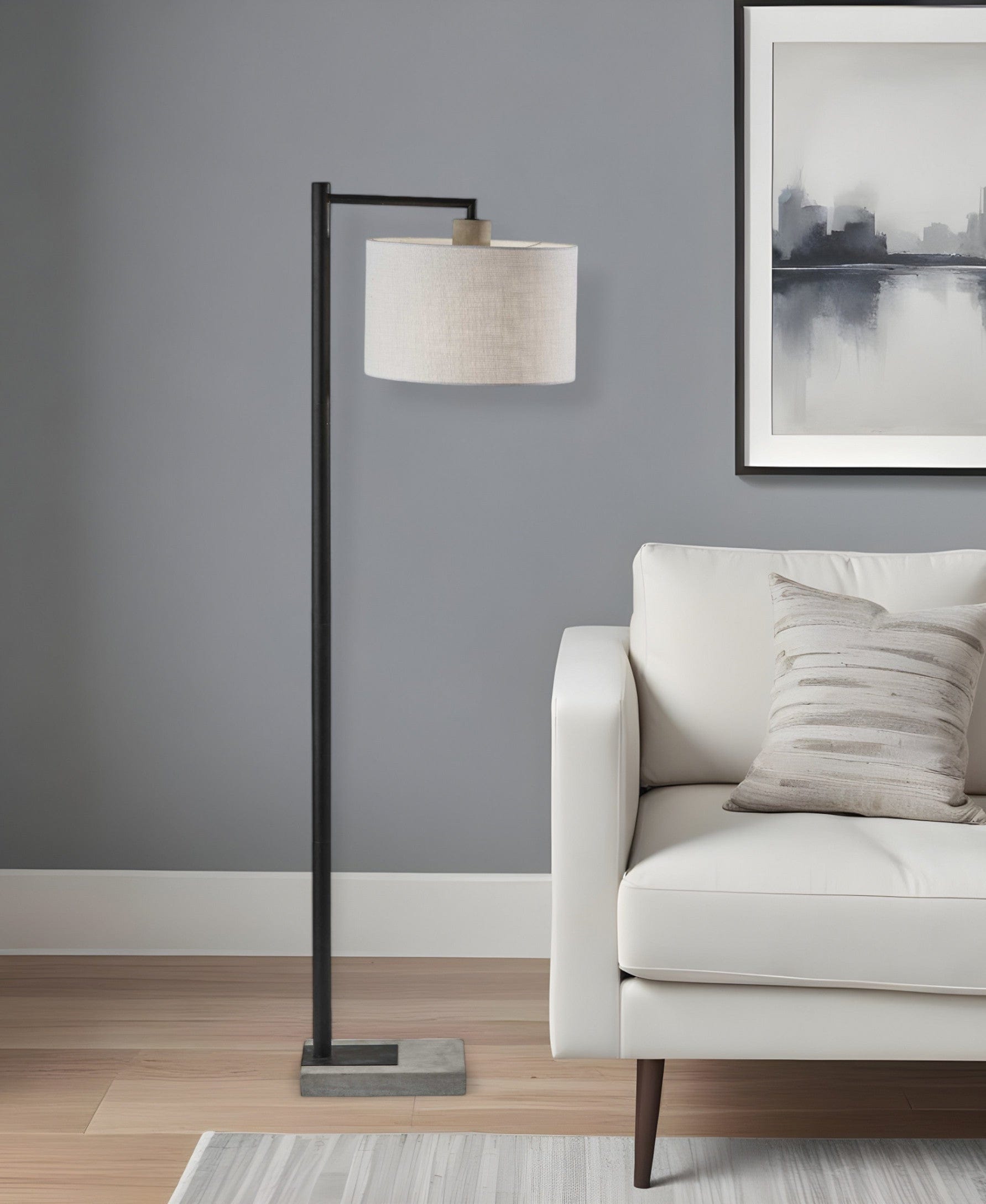 61" Grey And Black Arc Floor Lamp With White Fabric Drum Shade - Homeroots - Flyclothing LLC