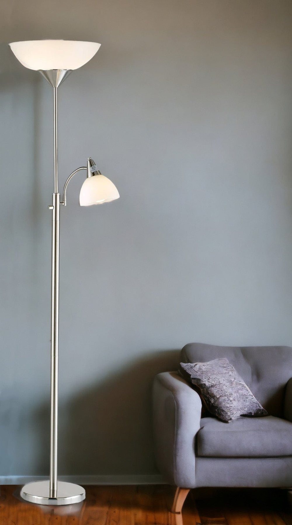 71" Two Light Torchiere Floor Lamp With White Acrylic Bowl Shades - Homeroots