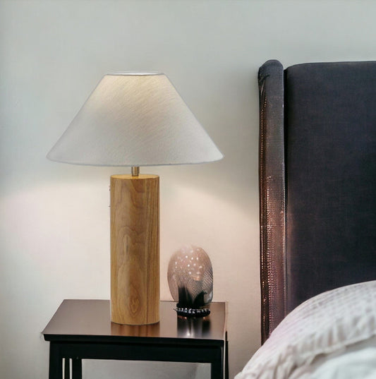 26" Natural Solid Wood Cylinder Table Lamp With White Cone Shade