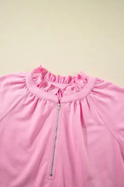 Half Zip Puff Sleeve Top and Ruffled Shorts Set - Trendsi - Flyclothing LLC