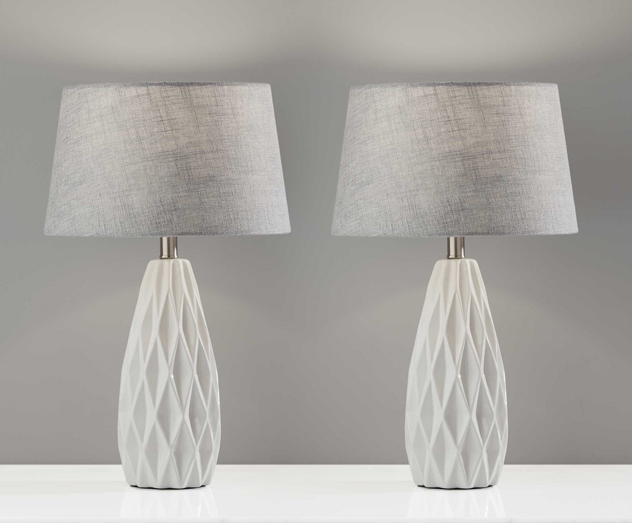 Set of Two 23" White Ceramic Bedside With Gray Drum Shade - Homeroots