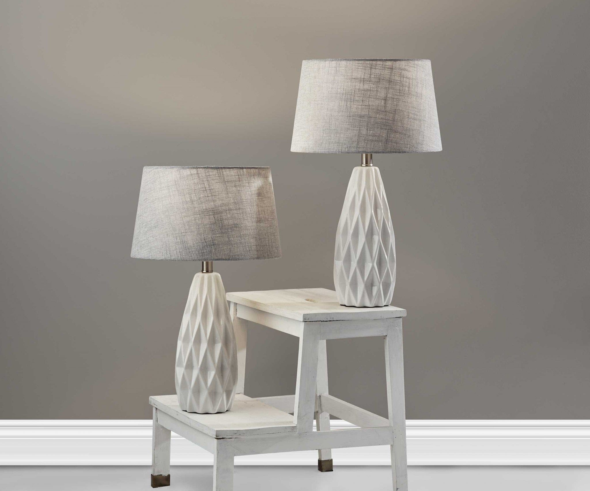 Set of Two 23" White Ceramic Bedside With Gray Drum Shade - Homeroots