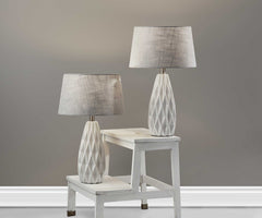 Set of Two 23" White Ceramic Bedside With Gray Drum Shade - Homeroots