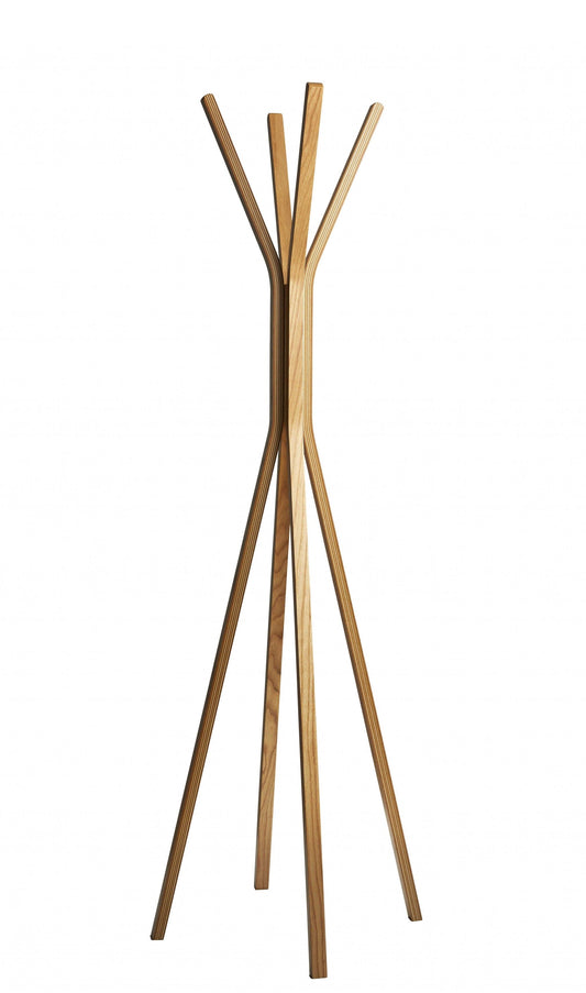68" Natural Modern Wood Coat Tree Rack - Homeroots