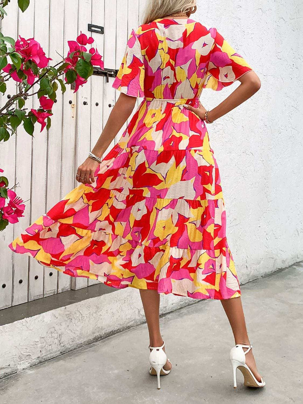 Printed V-Neck Flutter Sleeve Midi Dress - Trendsi - Flyclothing LLC