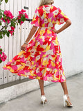 Printed V-Neck Flutter Sleeve Midi Dress - Trendsi