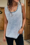 Mineral Wash Denim Frayed U Neck Sleeveless Top - Trendsi