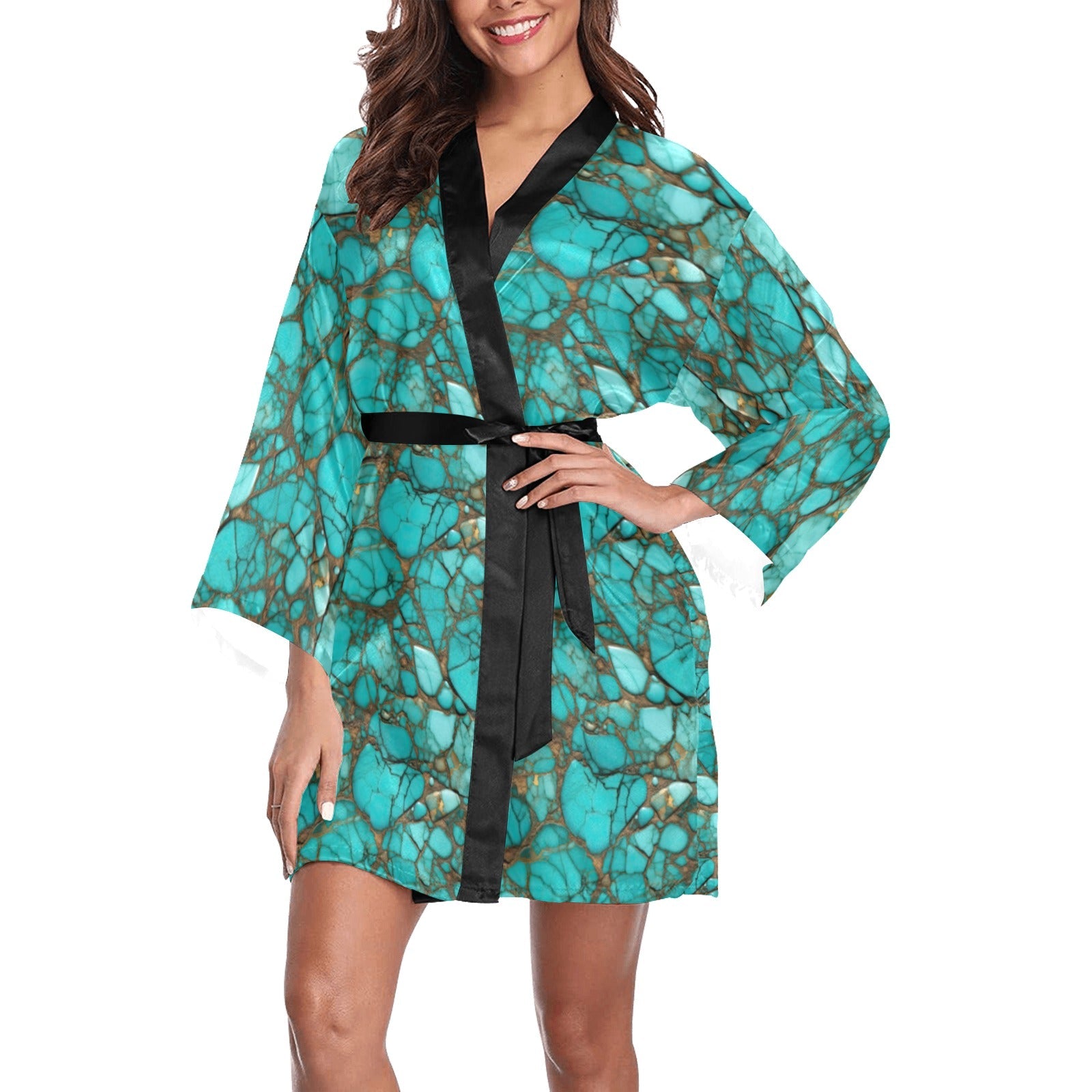 Baha Ranch All Turquoise Satin Kimono Sleeve Robe