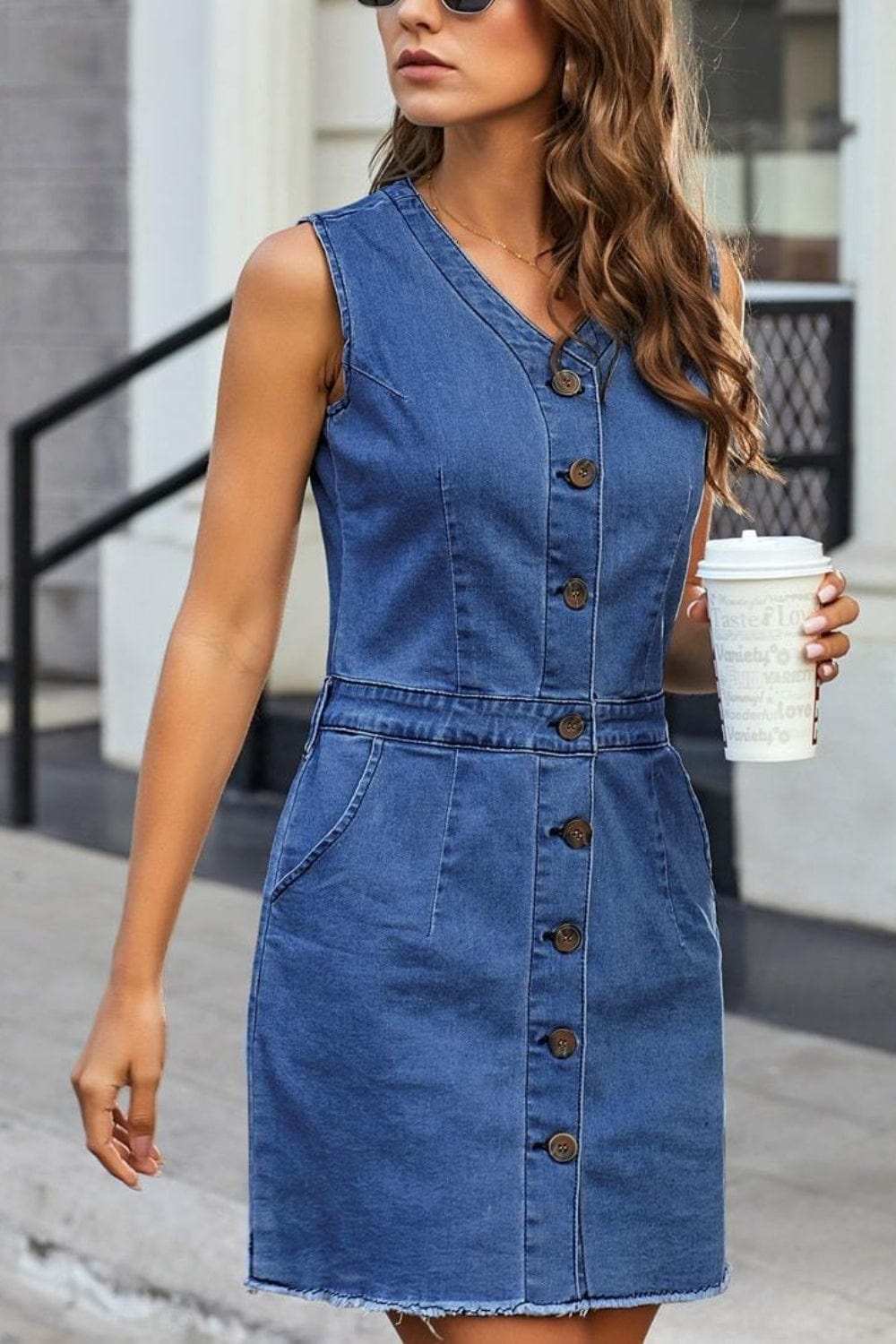 Full Size Button Up V-Neck Sleeveless Denim Dress - Trendsi - Flyclothing LLC