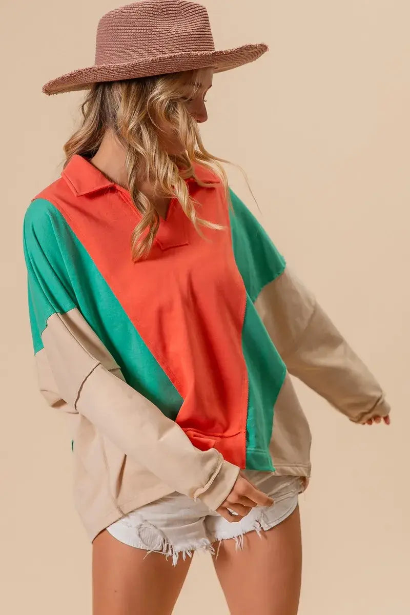 BiBi Colorblock Exposed Seam French Terry Sweatshirt - Trendsi - Flyclothing LLC