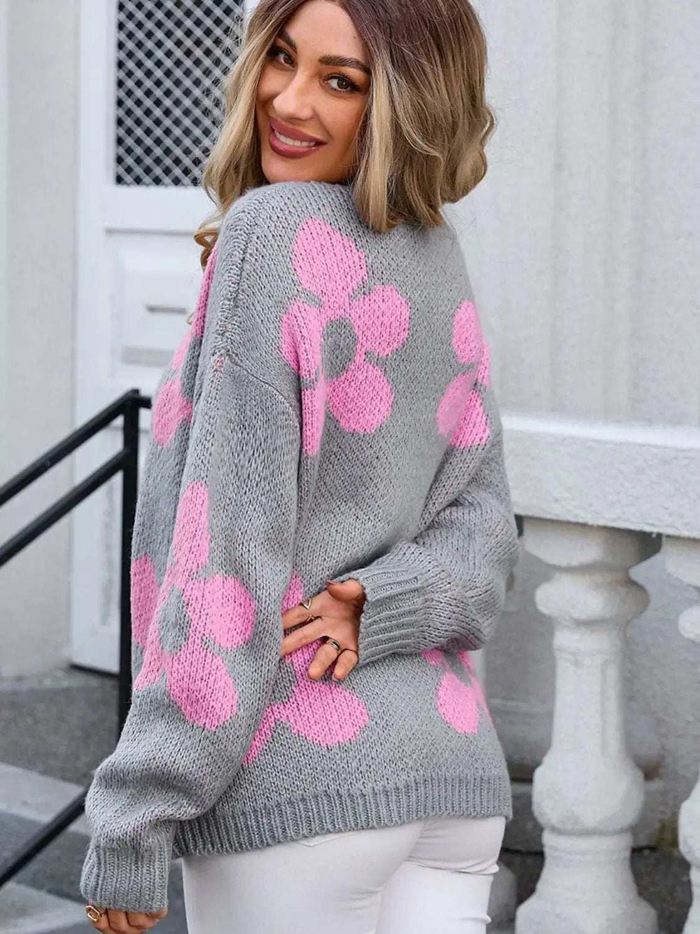 Flower Open Front Long Sleeve Cardigan - Trendsi - Flyclothing LLC