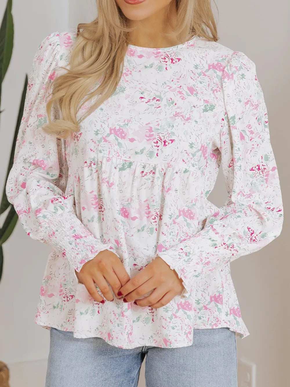 Printed Round Neck Long Sleeve Blouse - Trendsi - Flyclothing LLC