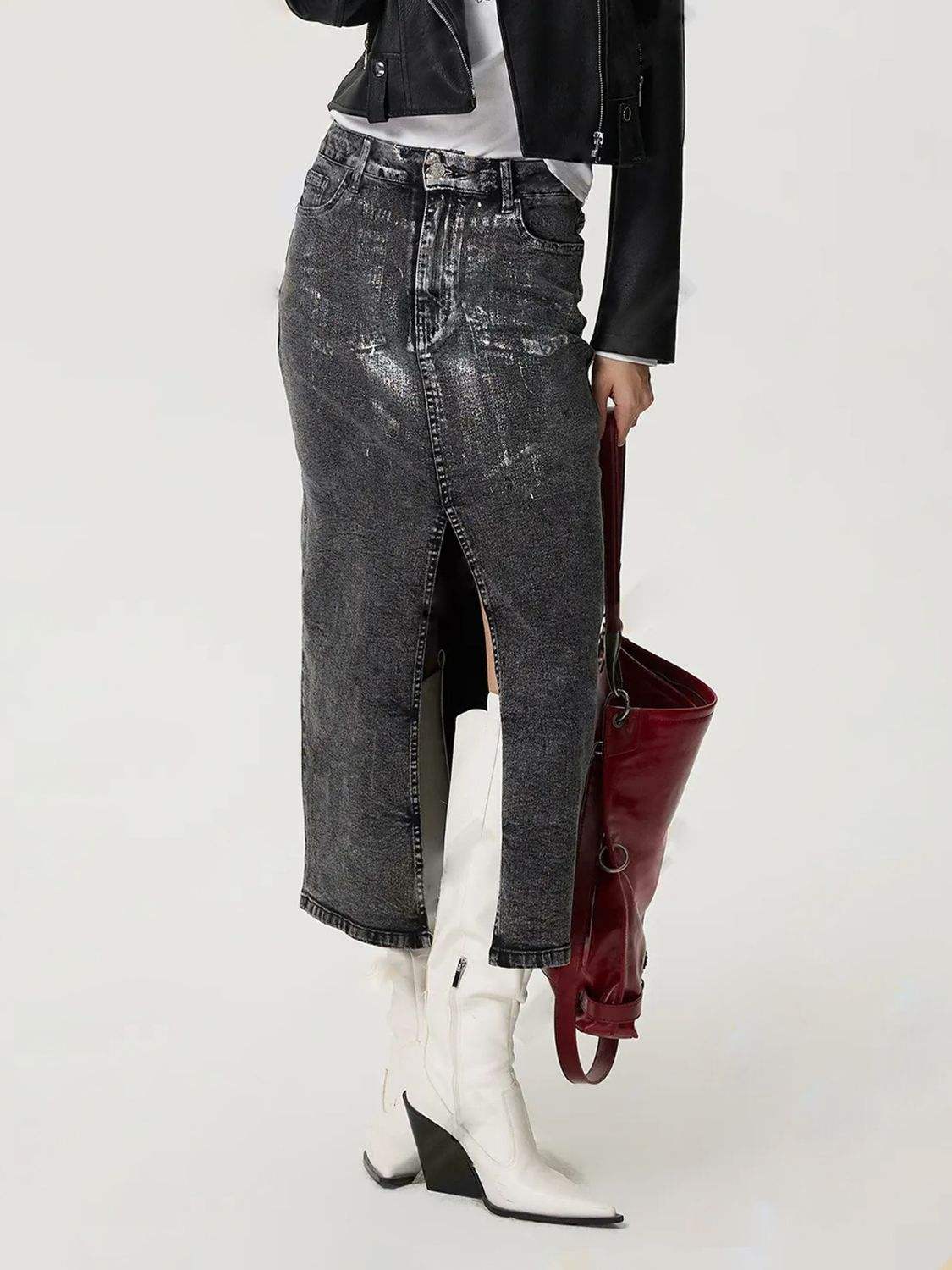 Slit Midi Denim Skirt with Pockets - Trendsi - Flyclothing LLC