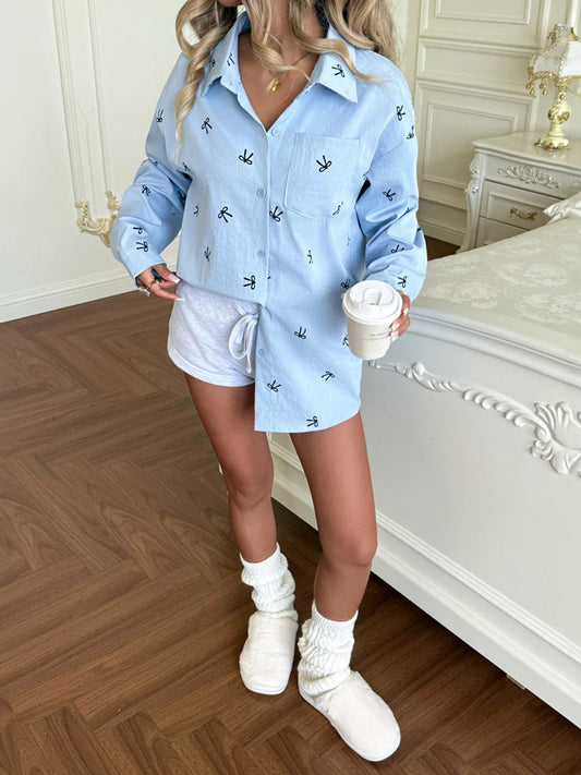 Bow Print Long Sleeve Shirt - Trendsi - Flyclothing LLC