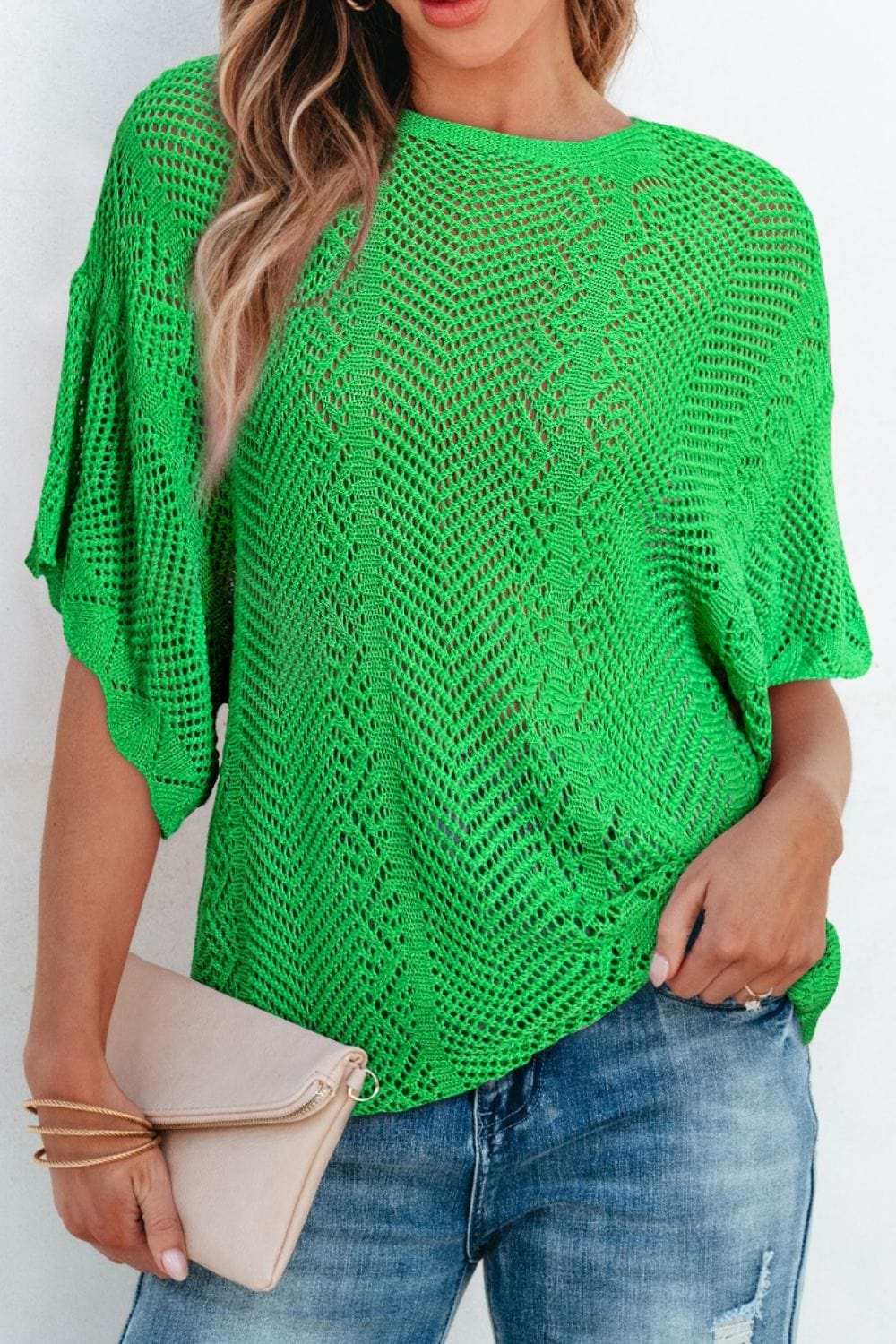 Scallop Edge Half Sleeve Pointelle Knit Top - Trendsi - Flyclothing LLC