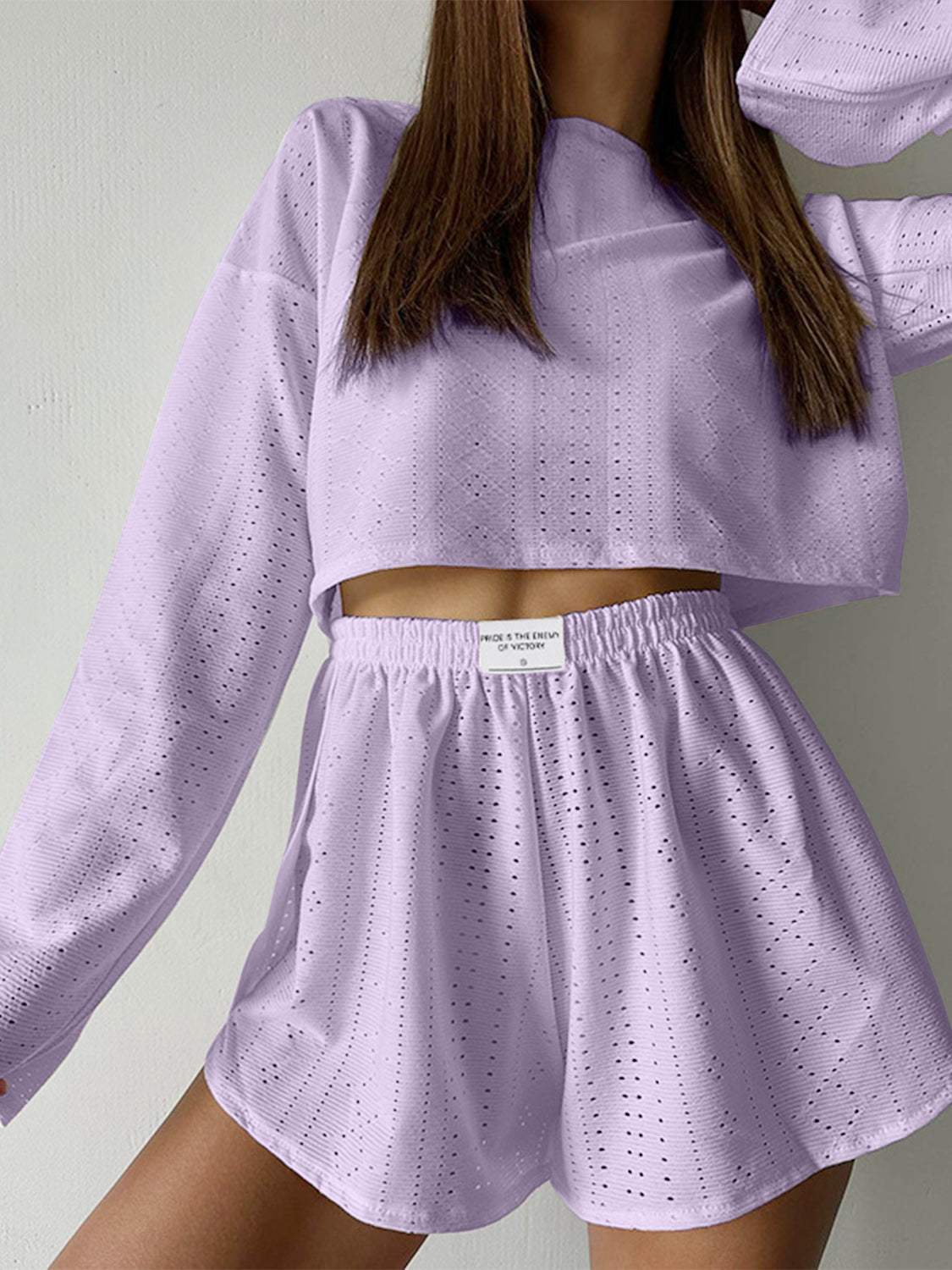 Eyelet Round Neck Top and Shorts Set - Trendsi - Flyclothing LLC