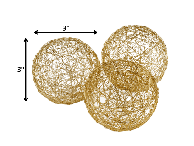 Set of Three Gold Wire 3" Decorative Orbs - Homeroots - Flyclothing LLC