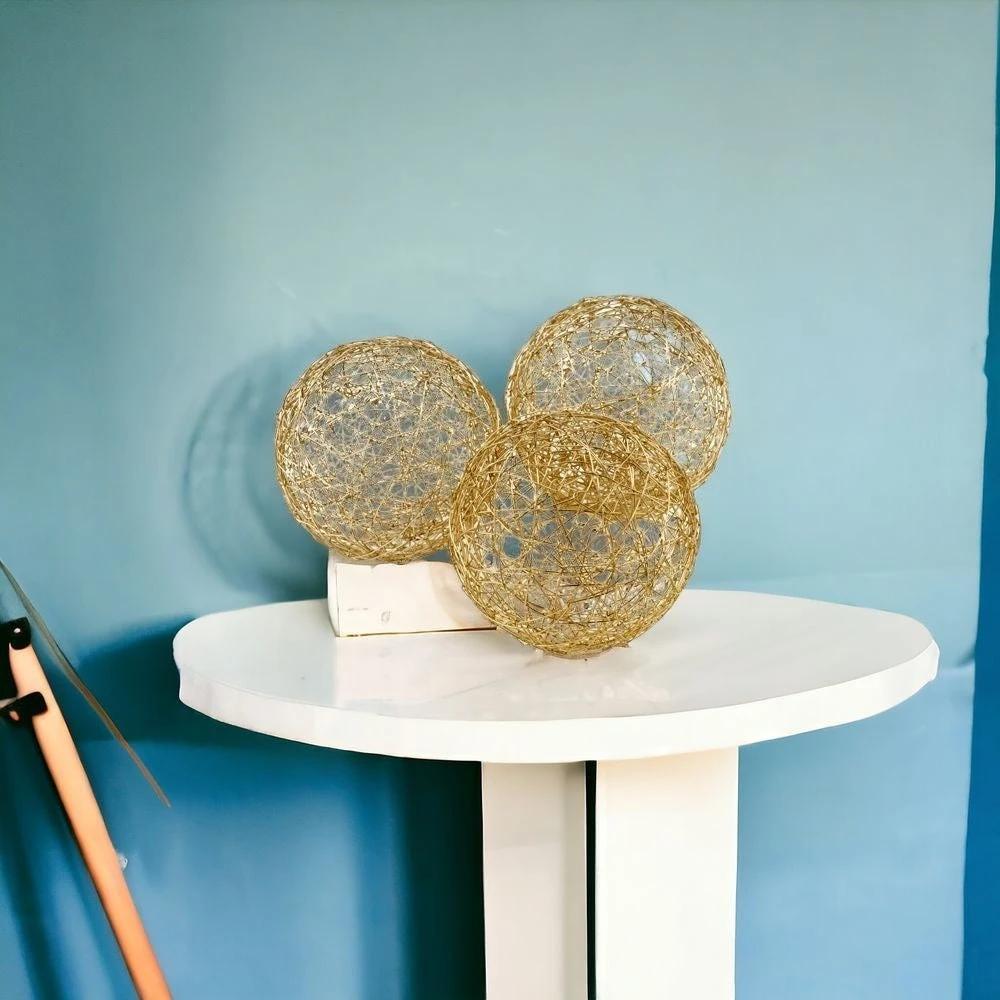 Set of Three Gold Wire 3" Decorative Orbs - Homeroots