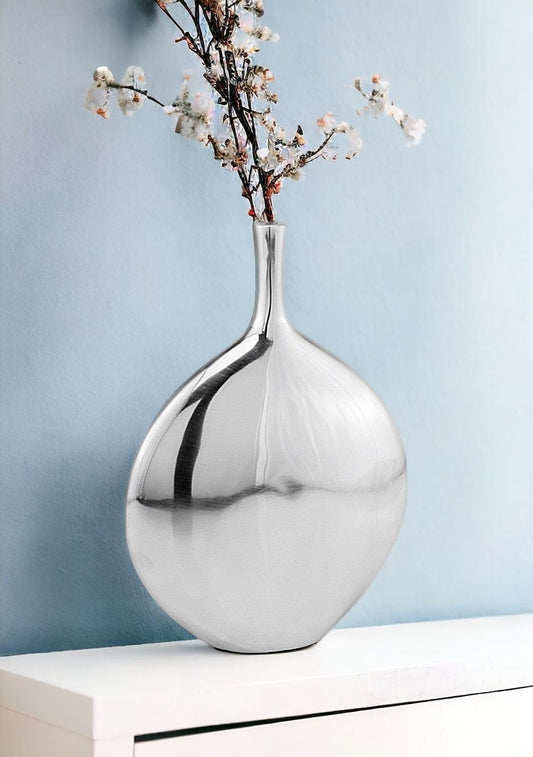12" Silver Aluminum Long Neck Round Disc Table Vase - Homeroots