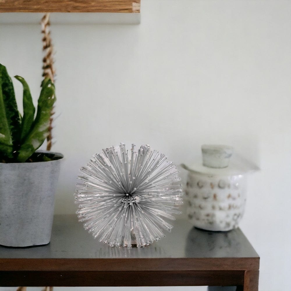 6" Silver Iron Decorative Urchin Spiky Sphere Tabletop Sculpture - Homeroots