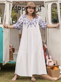Plus Size Printed Tie Neck Half Sleeve Maxi Dress - Trendsi - Flyclothing LLC