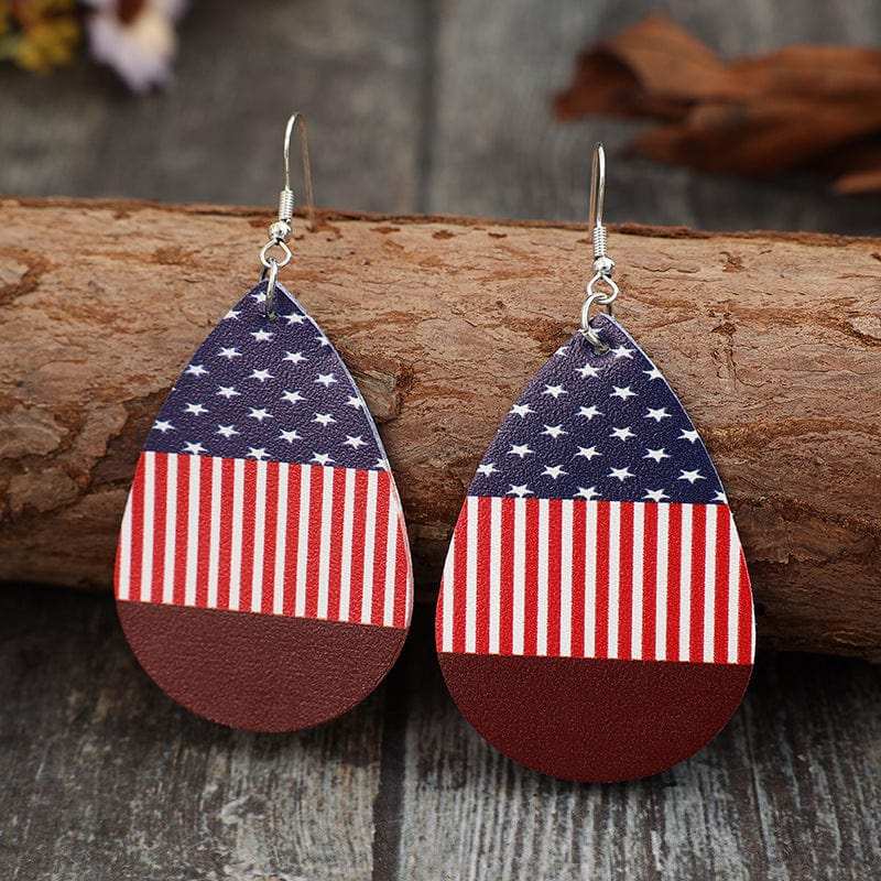 Stars and Stripes PU Leather Teardrop Earrings - Trendsi - Flyclothing LLC