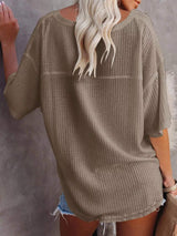 Waffle Knit V-Neck Short Sleeve T-Shirt - Trendsi - Flyclothing LLC