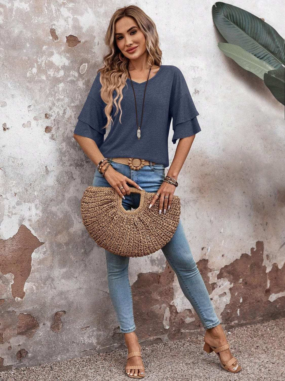 V-Neck Half Sleeve Blouse - Trendsi - Flyclothing LLC