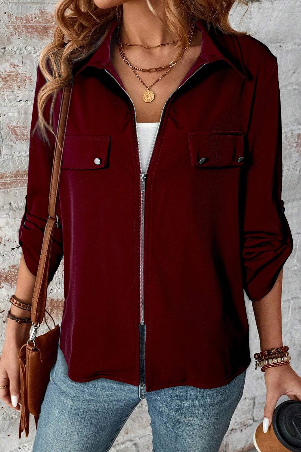 Pocketed Zip Up Collared Neck Long Sleeve Jacket - Trendsi - Flyclothing LLC