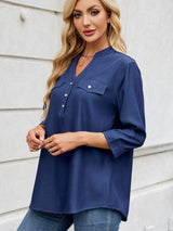 Notched Three-Quarter Sleeve Denim Top - Trendsi - Flyclothing LLC