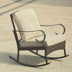 25" Black Steel Patio Rocking Chair With Beige Cushion