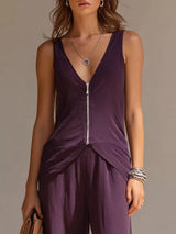 Full Size Zipper Front Tank and Wide-Leg Pants Set Plus Size - Trendsi - Flyclothing LLC
