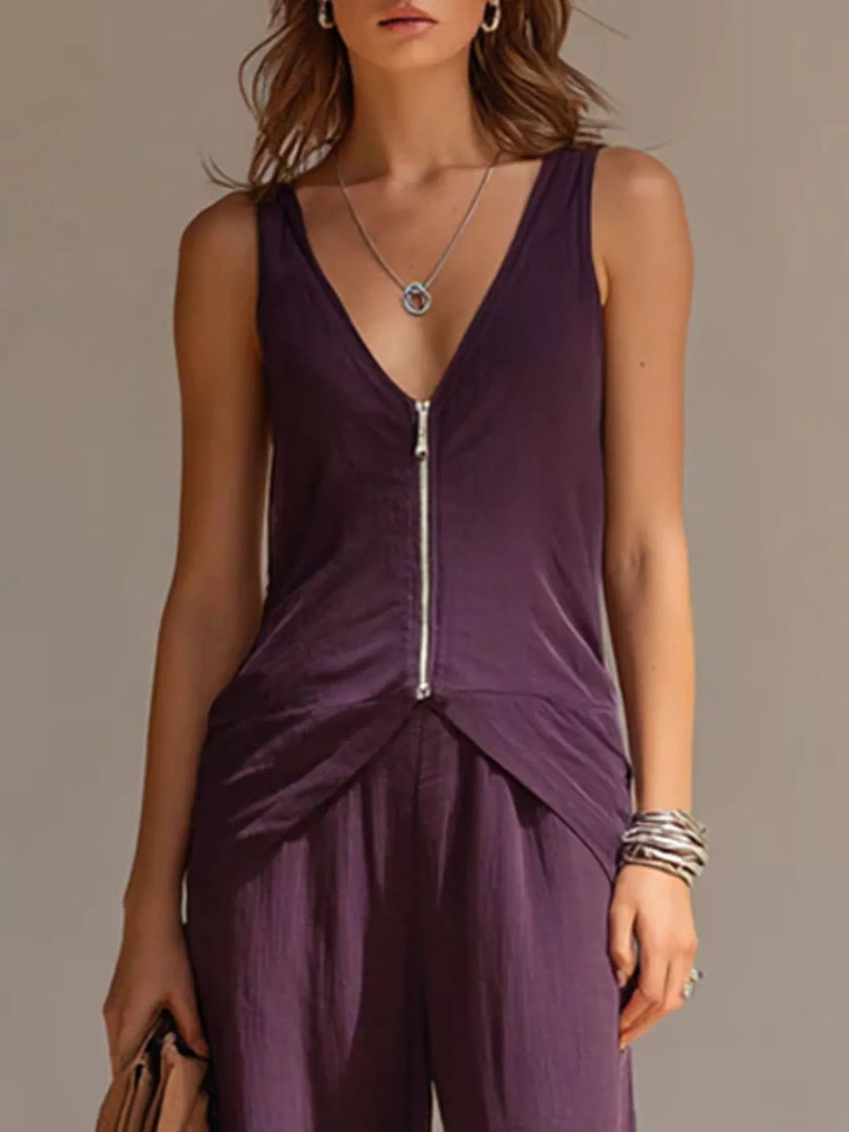 Full Size Zipper Front Tank and Wide-Leg Pants Set Plus Size - Trendsi - Flyclothing LLC