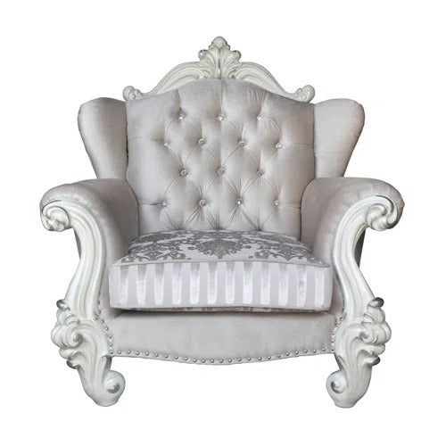 44" Ivory And Antiqued White Fabric Damask Tufted Chair and a Half And Toss Pillows - Homeroots