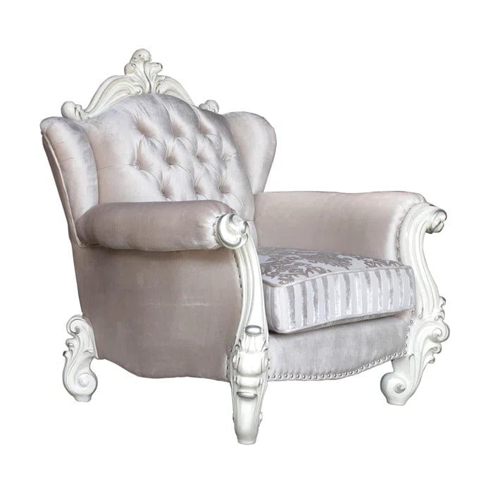 44" Ivory And Antiqued White Fabric Damask Tufted Chair and a Half And Toss Pillows - Homeroots