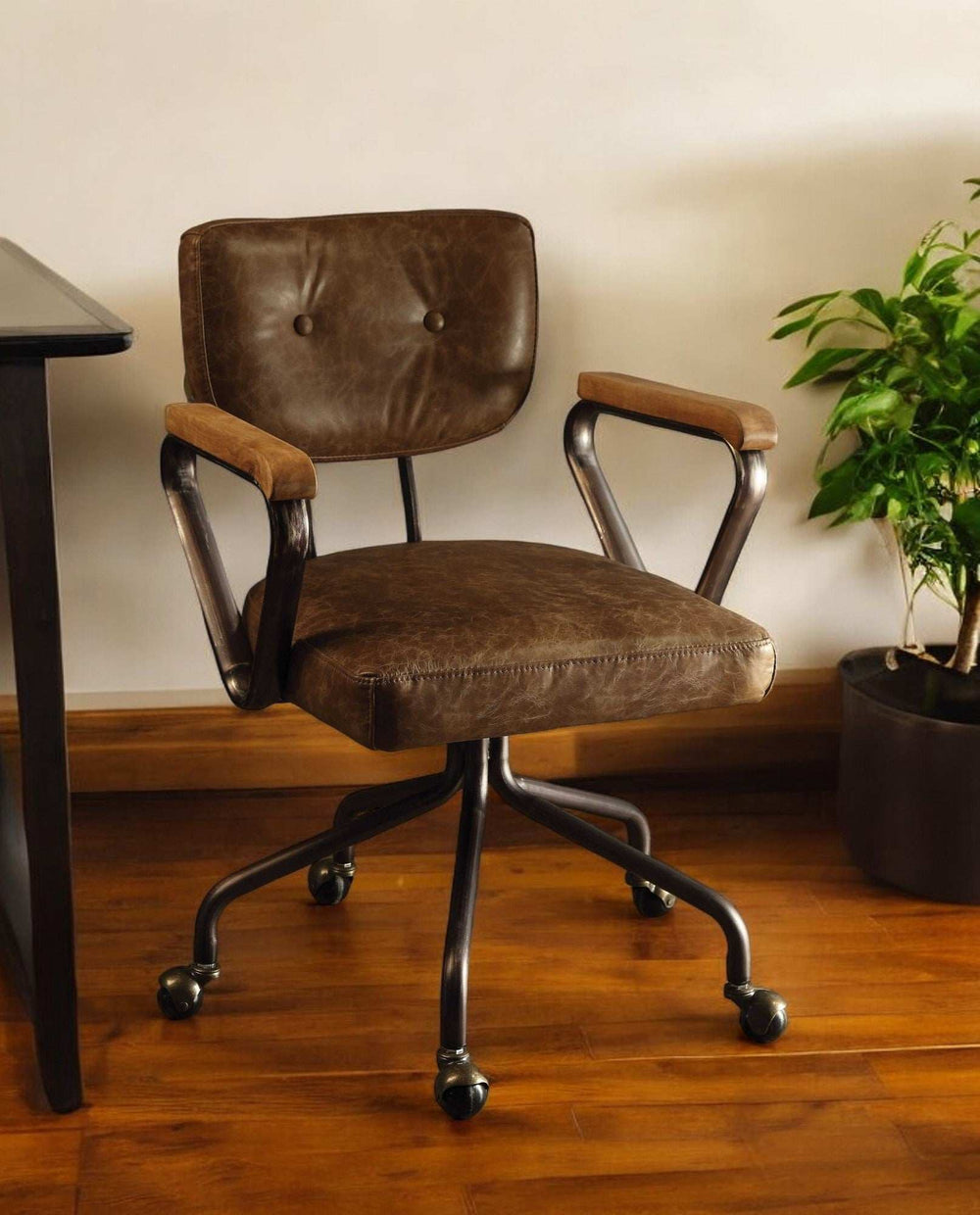Brown and Black Swivel Faux Leather Rolling Office Chair - Homeroots - Flyclothing LLC
