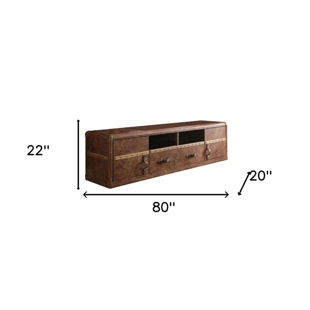 80" Brown Leather Cabinet Enclosed Storage TV Stand - Homeroots - Flyclothing LLC